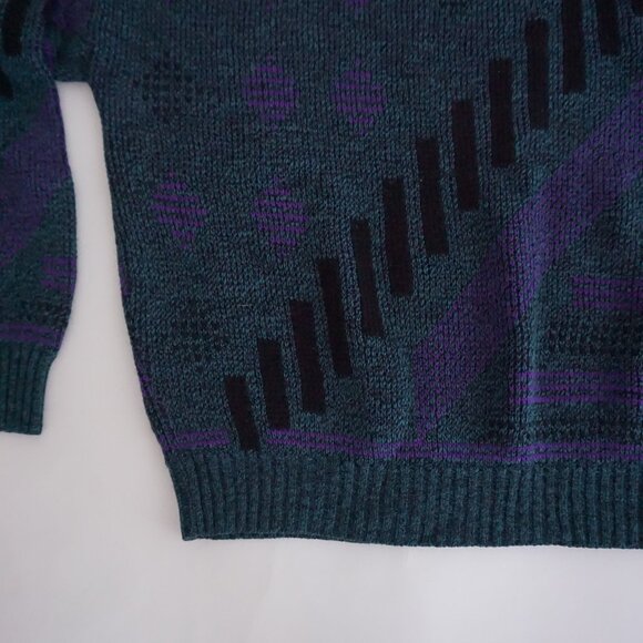 VTG 80s Le Tigre Made in USA Geometric Knit Sweater — Teal Purple Black — Size L - Picture 6 of 10